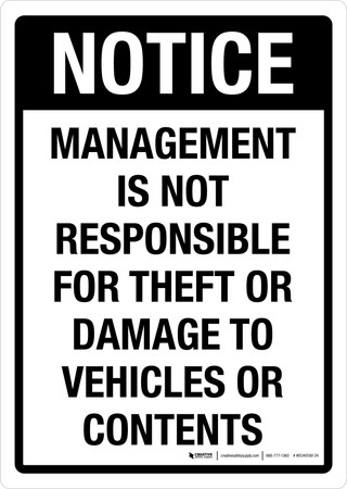 WE are NOT Responsible for Theft, Damage, OR Any VALUABLES Left in Vehicles ON Premises (English/Spanish) 14x20 Heavy Duty Plastic Sign