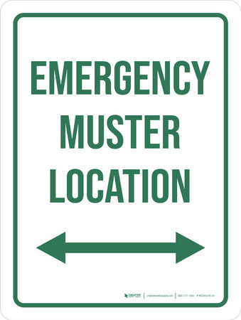 Mauster Location. Sign Emergency Muster Location (Double Arrow) Portrait - Wall Sign