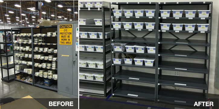 Orion Aerospace before and after - labeled bins