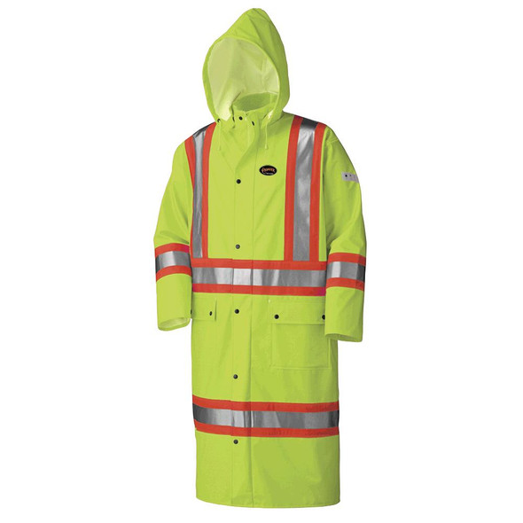 Pioneer 5897 Flame Resistant PU Stretch Long Waterproof Coat - Hi-Viz Yellow/Green | Safetywear.ca