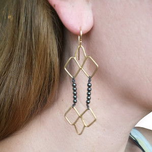 Long geometric earrings with black hematites 