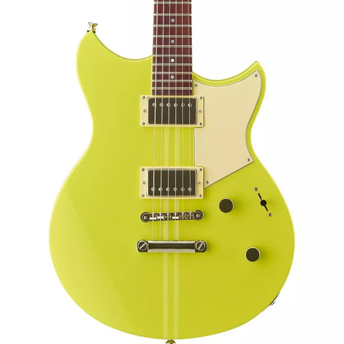 Front view of a yellow electric guitar with two humbuckers, a white pickguard, and a stop‑tail bridge.