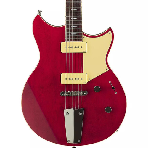 Front view of a transparent red electric guitar with two cream P‑90 pickups, cream pickguard, and a metal tailpiece.