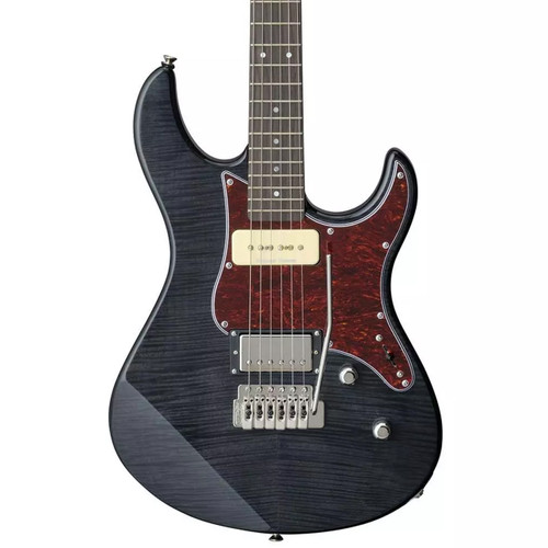 Front view of a translucent black Yamaha electric guitar with a P‑90 neck pickup, humbucker bridge pickup, and tortoiseshell pickguard.