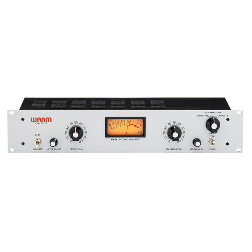 Front view of a Warm Audio WA-2A Leveling Amplifier rackmount unit with a gray faceplate, control knobs, and an illuminated orange VU meter.