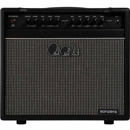 Front view of PRS Sonzera 20 combo guitar amplifier in black, featuring a control panel with knobs for volume, treble, middle, bass, reverb, and presence, along with the PRS logo on the grille.