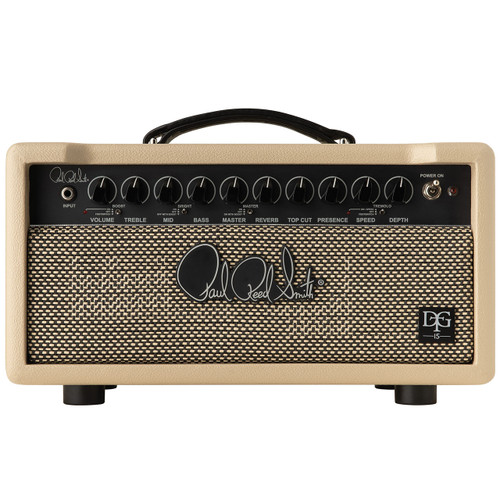 Front view of PRS DG 15 guitar amplifier head in cream finish, featuring black control panel with knobs for volume, treble, mid, bass, master, reverb, top cut, presence, speed, and depth, along with Paul Reed Smith logo and DG 15 badge.