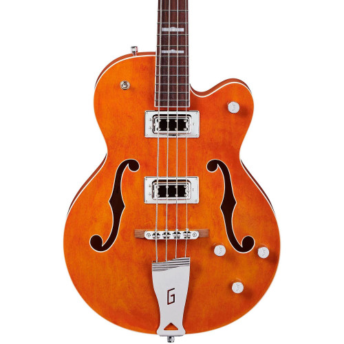 An orange Gretsch G5440LS Hollowbody Bass with a single cutaway, black f-holes, chrome humbucker pickups, four control knobs, and a 'G' trapeze tailpiece.