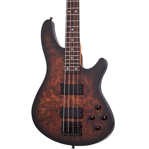 Schecter C-4 Standard 4-string bass guitar in Tobacco Burl finish, featuring dual soapbar pickups, four control knobs, and a figured burl top.