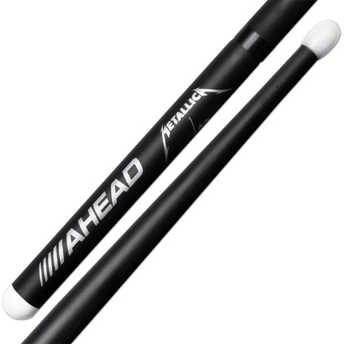 A black pair of Ahead Lars Ulrich Metallica Aluminum Drumsticks with a white tip A black pair of Ahead Lars Ulrich Metallica Aluminum Drumsticks with a white tip