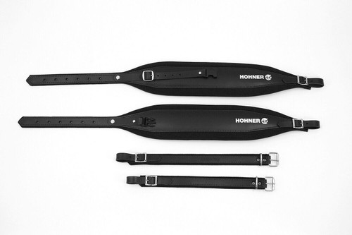 Hohner ACC15 Italian leather and velour accordion straps in black, featuring two long padded shoulder straps with buckles and two shorter connecting straps.