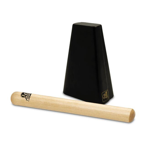Black cowbell with a wooden beater stick, both featuring small LP logos. The cowbell is upright and the beater stick is placed horizontally in front of it.