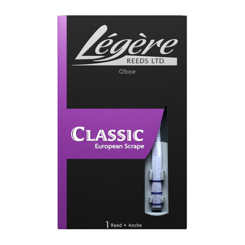 The image shows the product packaging for Légère Reeds Ltd. Oboe Classic European Scrape. The black package features a purple stripe on the left and a purple diagonal banner reading 'CLASSIC European Scrape.' An image of an oboe reed appears on the right, and the bottom text reads '1 Reed 1 Anche.'