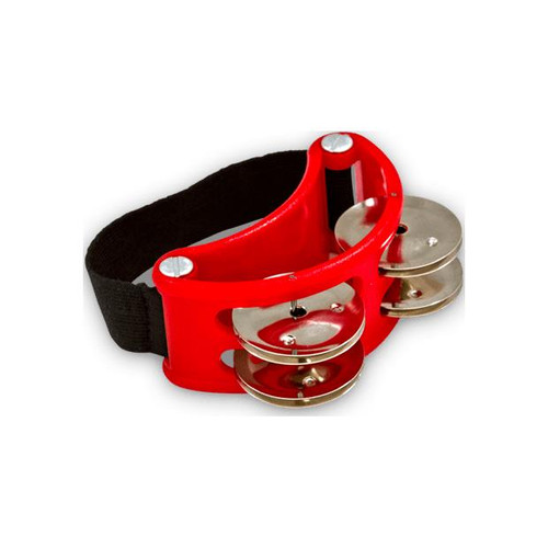 A red plastic foot tambourine with a black elastic strap, featuring two pairs of metal jingles.