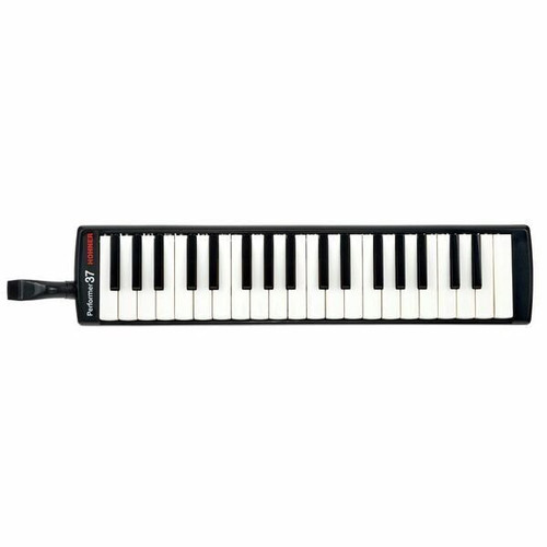 Hohner S37 Performer Melodica with a black body, 37 piano-style keys in white and black, and a mouthpiece attached on the left side.