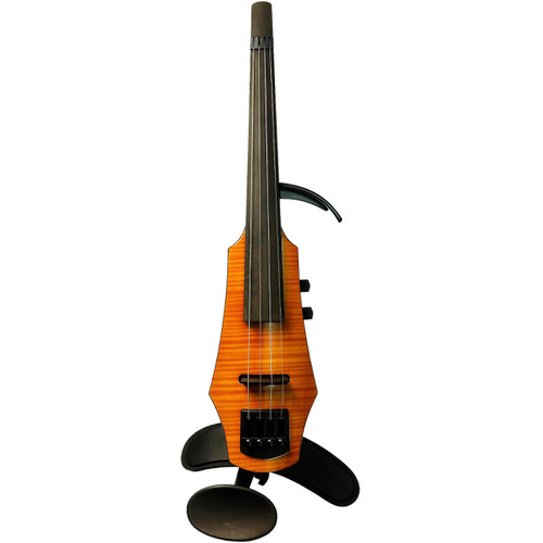 Electric violin with an amber body and black fittings, positioned upright against a plain background.