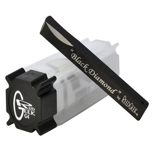 ReedGeek G4 tool with 'Black Diamond' black blade by ReedGeek, resting diagonally on a clear plastic case, displayed on a neutral background.