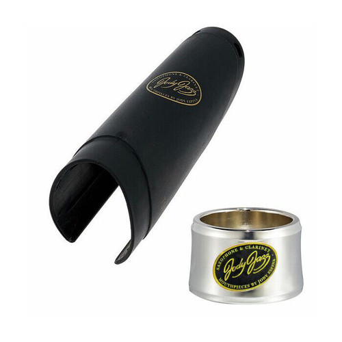 JodyJazz HRA1S Power Ring Ligature in silver with black and gold logo, shown alongside a matching black mouthpiece cap featuring the same logo.