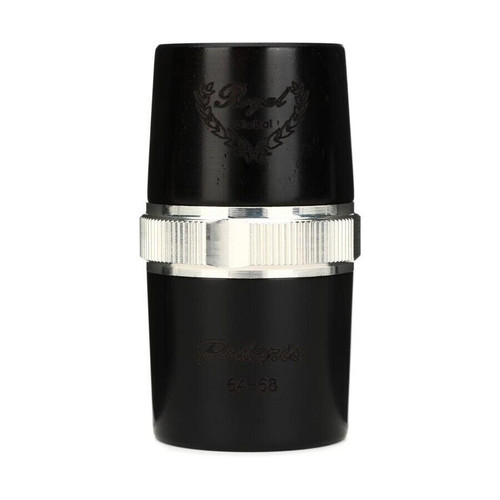 A black cylindrical clarinet barrel featuring a metallic silver band around the middle, with an engraved emblem on top and partially visible text on the lower section.