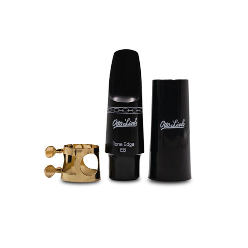 A saxophone mouthpiece set featuring a black Otto Link Tone Edge EB mouthpiece, a black Otto Link cap, and a gold-colored ligature.