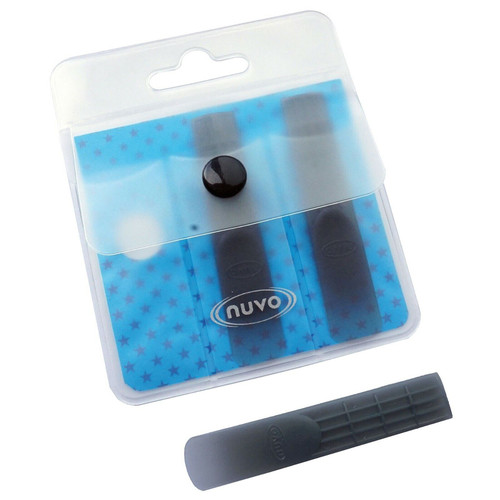 Package of synthetic Nuvo reeds with a blue background, containing two reeds inside and one reed placed outside. The word 'nuvo' is printed on the package.