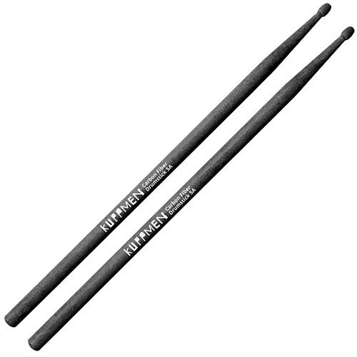 Two black Kuppmen Carbon Fiber 5A drumsticks placed parallel on a white background, with the brand name and model printed in white on each stick.