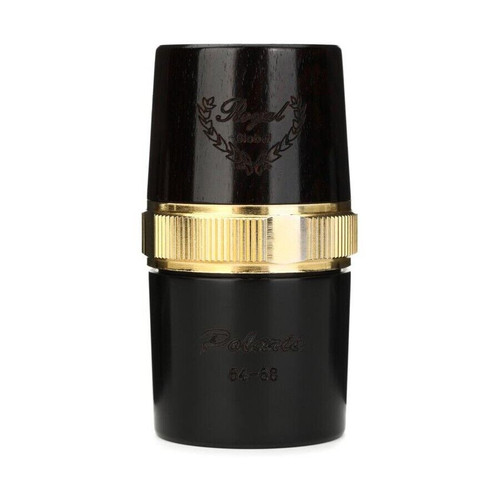A black cylindrical clarinet barrel featuring a metallic gold band around the middle, with an engraved emblem on top and partially visible text on the lower section.