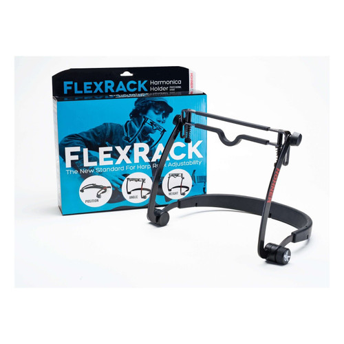A Hohner FlexRack harmonica holder in its blue and black packaging, featuring adjustable components and illustrations of its hands-free play features.