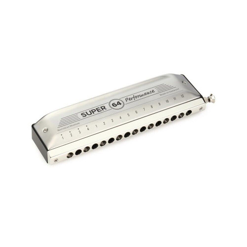 Hohner Super 64 chromatic harmonica with a sleek metallic body, 'SUPER 64 Performance' engraved on the top, 16 front-facing holes, and a side button for note shifting.