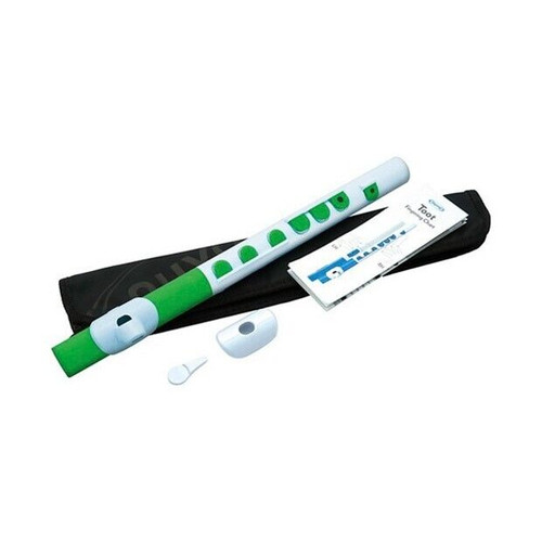 Green and white Nuvo Toot beginner flute shown with a black carrying case, a cleaning rod, and an instruction booklet.