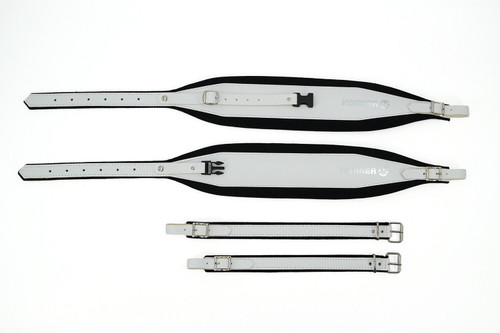 Hohner ACC17 Italian leather and velour accordion straps in black and white, featuring two long padded shoulder straps with buckles and two shorter connecting straps.