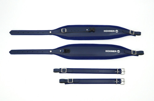 Hohner ACC18 Italian leather and velour accordion straps in blue, featuring two long padded shoulder straps with buckles and two shorter connecting straps.