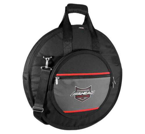 A black Ahead cymbal bag with grey pocket and red zippers.