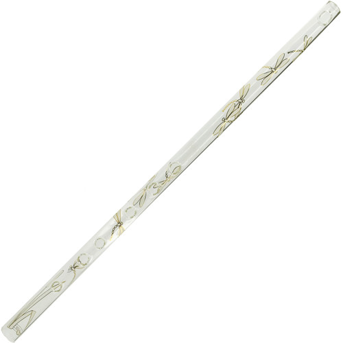 A clear Hall crystal glass flute with a slender design, featuring intricately etched dragonfly motifs along its length.