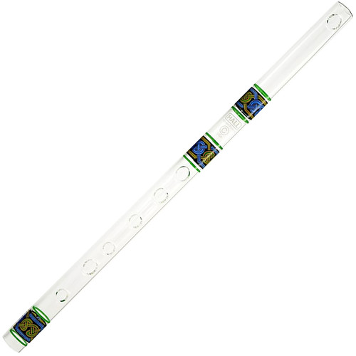 A clear Dundee C piccolo with green and blue Celtic bands and multiple finger holes along its body.
