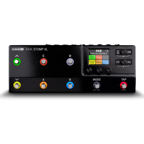 A Line 6 HX Stomp XL multi-effects pedal featuring footswitches labeled A, B, C, D with colored rings, a MODE and TAP switch, and an LCD screen displaying '06B SeismicMatters' with effects like 'Glitch', 'Pitch', and 'LA Studio Comp'. Several control knobs and buttons are located next to the screen.
