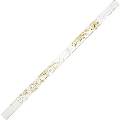 A clear Hall crystal glass flute with a slender design, featuring intricately etched white lily motifs along its length.