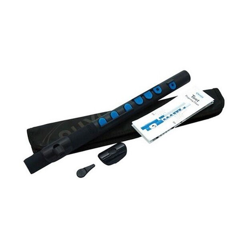 Blue and black Nuvo Toot beginner flute shown with a black carrying case, a cleaning rod, and an instruction booklet.