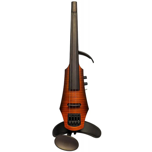 Electric violin with a sunburst body and black fittings, positioned upright on a black stand against a plain background.