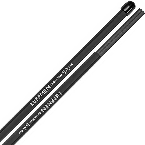 Pair of Kuppmen 5A carbon fiber drumrods with a black, multi-strand design and white printed branding, featuring rounded tips and a sleek finish.