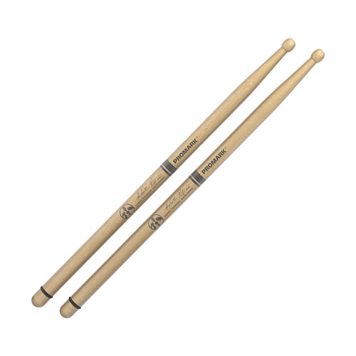 Pair of wooden drumsticks with rounded tips, labeled 'Promark' and model number 'BYOS,' featuring visible text and markings. Pair of wooden drumsticks with rounded tips, labeled 'Promark' and model number 'BYOS,' featuring visible text and markings.