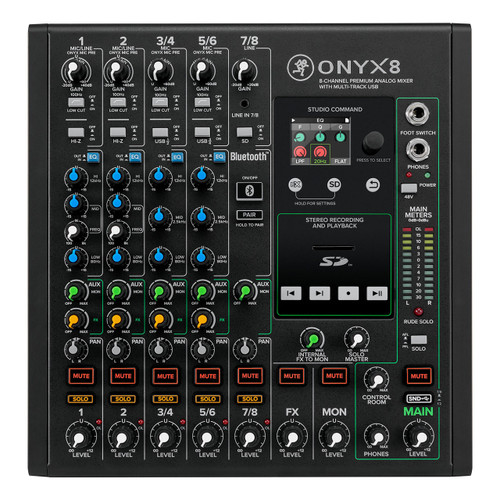 Mackie Onyx8 audio mixer featuring eight channels with gain, EQ, pan, and level controls, mute and solo buttons, a Studio Command section with SD card display and transport controls, and main output level knob.