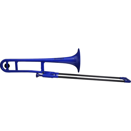 Blue plastic trombone with a black slide, partially extended. The instrument features a blue bell and body, designed for lightweight play and visual appeal.