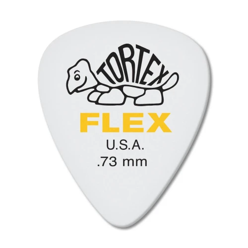 White guitar pick with 'TORTEX' above a turtle illustration, 'FLEX' in orange, and 'U.S.A. .73 mm' in black text below.
