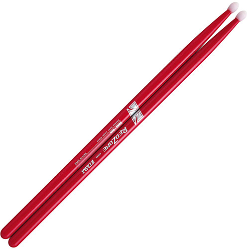 The image shows two red drumsticks with white, nylon tips. The drumsticks have gold text on them that reads 'Red Zone' and 'Tama'