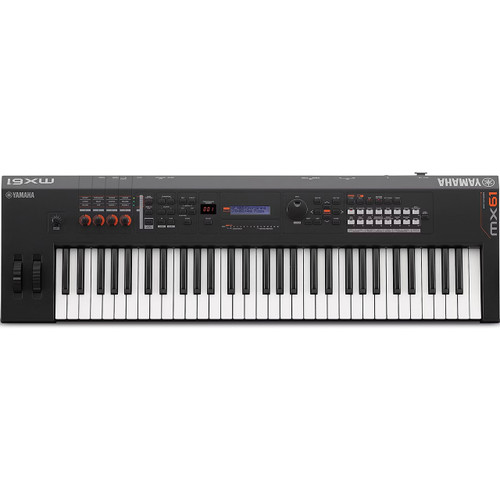 A Yamaha MX61 music synthesizer keyboard with 61 keys, control buttons, knobs, sliders, and a digital display. Yamaha logo visible on the top right corner.