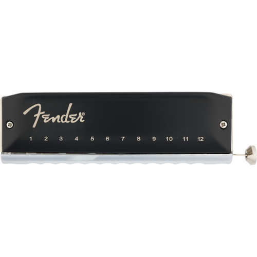 Front view of Fender Groove Pro Chromatic 12-hole harmonica with black cover plate and silver Fender logo.