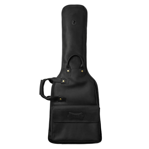 Black padded guitar case with a handle, front pocket, and two zippers. Features metal rivets near the handle for added durability.