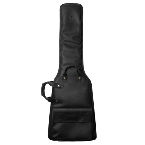 Black leather padded bass guitar case with a handle, front pocket, and two zippers. Features metal rivets near the handle for added durability.