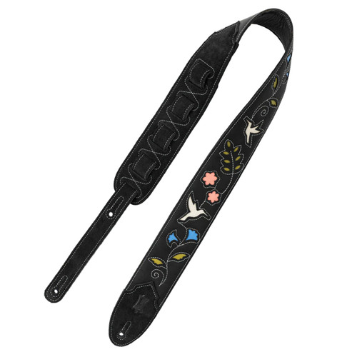Levy's Sunbird Series leather guitar strap with embroidered white birds, green leaves, blue and pink flowers, and adjustable slots.